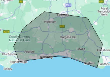 A map highlights a region including Crawley, Horsham, Worthing, and surrounding areas in southern England.