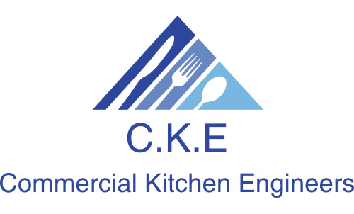 Logo with the letters "C.K.E" featuring a knife, fork, spoon, and the words "Commercial Kitchen Engineers."